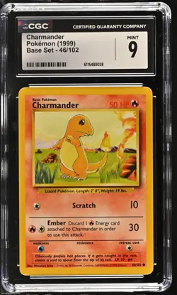 CGC MINT 9 Pokemon Charmander 46/102 1999 Base Set Unlimited - Image 1