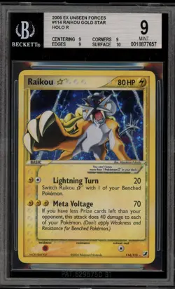 Pokemon Raikou Gold Star EX Unseen Forces Holo Ultra Rare #114 BGS 9 Mint - Image 1