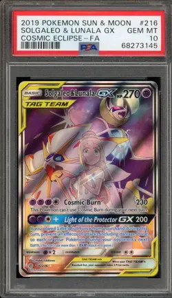 Pokemon Solgaleo & Lunala GX Cosmic Eclipse Full Art #216 PSA 10 Gem Mint - Image 1
