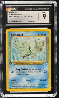 CGC MINT 9 Pokemon Remoraid 80/105 2002 Neo Destiny 1st Edition - Image 1