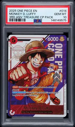 2025 ONE PIECE 3RD ANNIVERSARY TREASURE CAMPAIGN PACK #014 MONKEY D LUFFY PSA 10 - Image 1