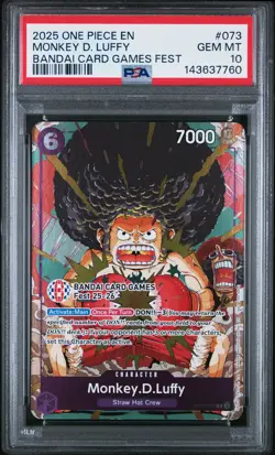 2025 ONE PIECE PROMOS BANDAI CARD GAMES FEST #073 MONKEY D. LUFFY PSA 10 - Image 1