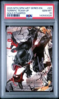 2025 MTG MARVEL'S SPIDER-MAN ART SER GOLD STAMPED #23 TERRIFIC TEAM-UP PSA 10 - Image 1