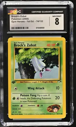 CGC NM/Mint 8 Pokemon Brock's Zubat 74/132 2000 Gym Heroes 1st Edition - Image 1