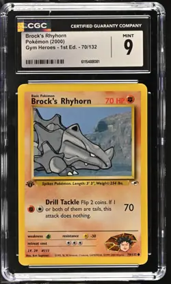 CGC MINT 9 Pokemon Brock's Rhyhorn 70/132 2000 Gym Heroes 1st Edition - Image 1