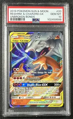 RESHIRAM CHARIZARD TAG TEAM PSA 10 2019 POKEMON SUN MOON UNBROKEN BONDS #20/214 - Image 1