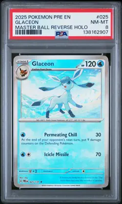 2025 POKEMON PRE EN-PRISMATIC EVOLUTIONS MASTER BALL REVERSE HOLO GLACEON PSA 8 - Image 1