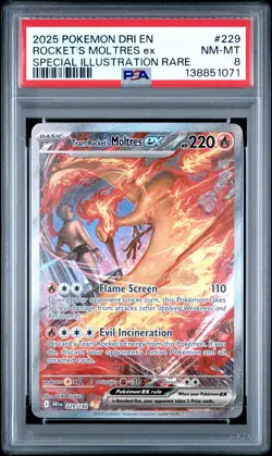 2025 POKEMON DRI EN-DESTINED RIVALS #229 TEAM ROCKET'S MOLTRES EX PSA 8 - Image 1