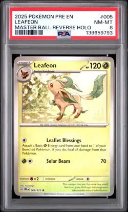 2025 POKEMON PRE EN-PRISMATIC EVOLUTIONS MASTER BALL REVERSE HOLO LEAFEON PSA 8 - Image 1