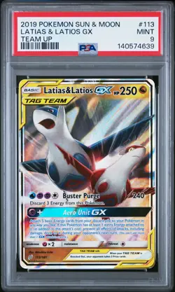 2019 POKEMON SUN & MOON TEAM UP #113 LATIAS & LATIOS GX PSA 9 - Image 1