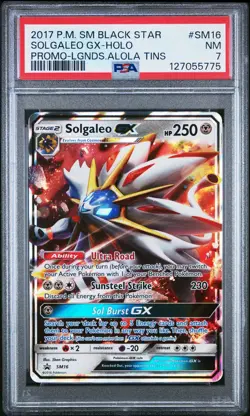 2017 POKEMON SM BLACK STAR PROMO LEGENDS OF ALOLA TINS SOLGALEO GX-HOLO PSA 7 - Image 1