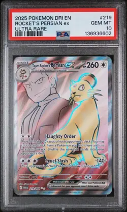2025 POKEMON DRI EN-DESTINED RIVALS 219 TEAM ROCKET'S PERSIAN EX PSA 10 - Image 1