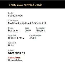 Moltres Zapdos Articuno GX Hidden Fates 44/68 CGC 10 GEM MINT Pokemon - Image 5
