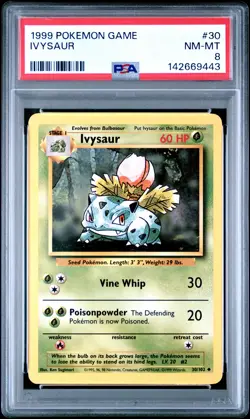 1999 POKEMON BASE SET UNLIMITED #30 IVYSAUR PSA 8 - Image 1