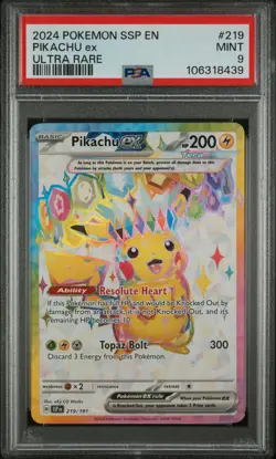 2024 POKEMON SSP EN-SURGING SPARKS ULTRA RARE #219 PIKACHU EX PSA 9 - Image 1