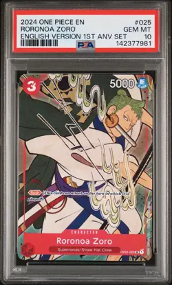 2024 ONE PIECE ENGLISH VERSION 1ST ANNIVERSARY SET #025 RORONOA ZORO PSA 10 - Image 1