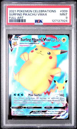 2021 POKEMON CELEBRATIONS #009 FULL ART/SURFING PIKACHU VMAX PSA 9 - Image 1