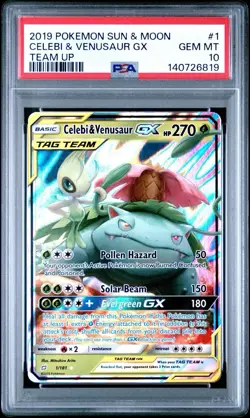 2019 POKEMON SUN & MOON TEAM UP #1 CELEBI & VENUSAUR GX PSA 10 - Image 1