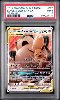 2019 POKEMON SUN & MOON TEAM UP #120 EEVEE & SNORLAX GX PSA 9 - Image 1