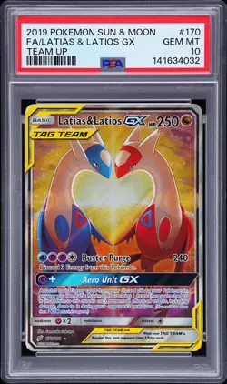 2019 POKEMON SUN & MOON TEAM UP #170 FULL ART/LATIAS & LATIOS GX PSA 10 - Image 1