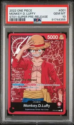 One Piece Monkey D. Luffy 2022 ST01 Straw Hat Crew #001 Super Pre-Release PSA 10 - Image 1