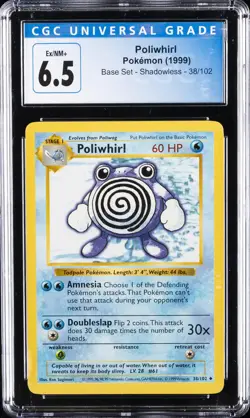 1999 POKEMON BASE SET SHADOWLESS #38/102 POLIWHIRL CGC 6.5 - Image 1
