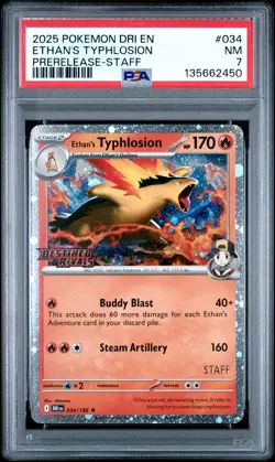 2025 POKEMON DRI EN-DESTINED RIVALS PRERELEASE-STAFF ETHAN'S TYPHLOSION PSA 7 - Image 1