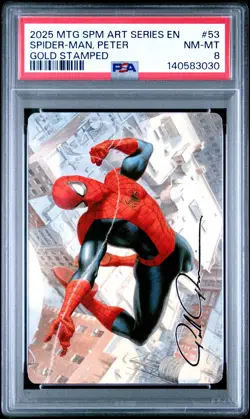 2025 MTG MARVEL'S SPIDER-MAN ART SER GOLD STAMPED SPIDER-MAN, PETER PARKER PSA 8 - Image 1