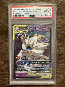 Pokemon 2019 Sun & Moon Cosmic Eclipse Solgaleo Lunala Tag Team GX #75/236 PSA 8 - Image 1