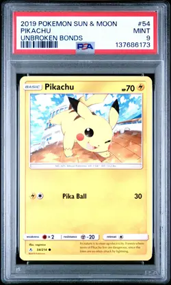 2019 POKEMON SUN & MOON UNBROKEN BONDS #54 PIKACHU PSA 9 - Image 1