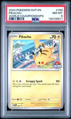 2024 POKEMON SVP EN-SV BLACK STAR PROMO WORLD CHAMPIONSHIPS #190 PIKACHU PSA 8 - Image 1