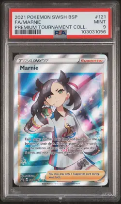 2021 POKEMON SWSH PREMIUM TOURNAMENT COLLECTION #121 FULL ART/MARNIE PSA 9 - Image 1