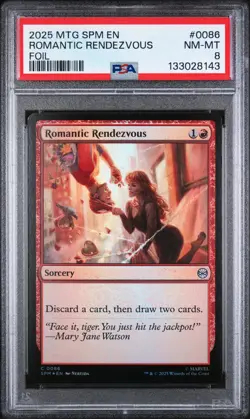 2025 MTG MARVEL'S SPIDER-MAN FOIL #0086 ROMANTIC RENDEZVOUS PSA 8 - Image 1