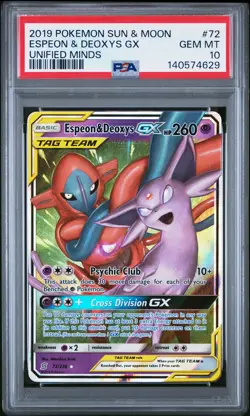 2019 POKEMON SUN & MOON UNIFIED MINDS #72 ESPEON & DEOXYS GX PSA 10 - Image 1