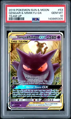 2019 POKEMON SUN & MOON TEAM UP #53 GENGAR & MIMIKYU GX PSA 10 - Image 1