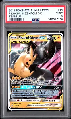 2019 POKEMON SUN & MOON TEAM UP #33 PIKACHU & ZEKROM GX PSA 9 - Image 1
