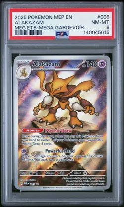2025 POKEMON MEP MEGA EVOLUTION ETB PROMO #009 ALAKAZAM PSA 8 - Image 1