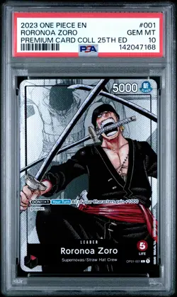 2023 ONE PIECE PREM BANDAI PREM CARD COLL 25TH ED #001 RORONOA ZORO PSA 10 - Image 1