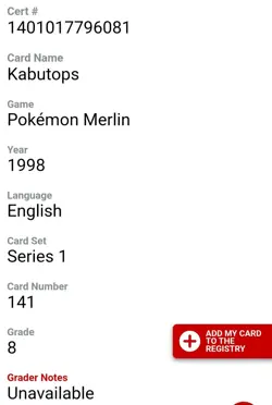 1999 #141 Kabutops Pokemon Merlin Series 1 Sticker; Graded- CGC 8 - Image 4