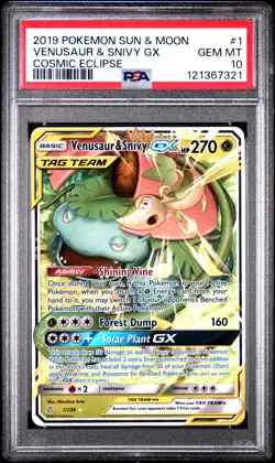 2019 POKEMON SUN & MOON COSMIC ECLIPSE #1 VENUSAUR & SNIVY GX PSA 10 - Image 1
