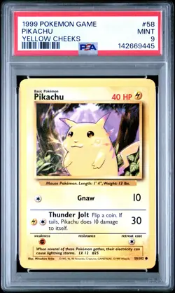 1999 POKEMON BASE SET UNLIMITED YELLOW CHEEKS #58 PIKACHU PSA 9 - Image 1