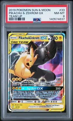 2019 POKEMON SUN & MOON TEAM UP #33 PIKACHU & ZEKROM GX PSA 8 - Image 1