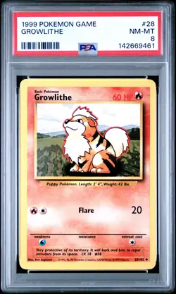 1999 POKEMON BASE SET UNLIMITED #28 GROWLITHE PSA 8 - Image 1