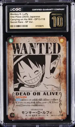 2025 ONE PIECE JPN SECRET RARE #OP13-118 MONKEY D. LUFFY CGC 10 PRISTINE - Image 1