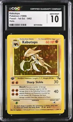 POKEMON CGC 10 Fossil Kabutops 9/62 Holo Rare 1st Edition *0064 - Image 1