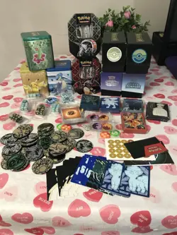 Pokemon TCG Accessory Lot Tins Coins Sleeves Dice ETBs EMPTY Packs Free Ship - Image 1