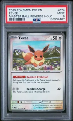 Pokemon Eevee 2025 PRE Prismatic Evolutions #074 Master Ball Reverse Holo PSA 9 - Image 1