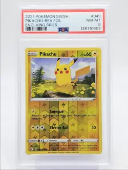 PIKACHU 2021 POKEMON SWSH EVOLVING SKIES REVERSE HOLO 049/203 PSA 8 Q0004 - Image 1