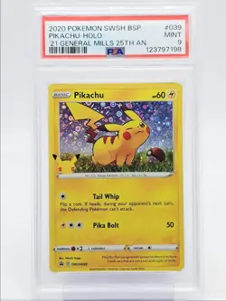 PIKACHU 2020 POKEMON BSP '21 GENERAL MILLS 25TH HOLO #SWSHO39 PSA 9 Q0004 - Image 1