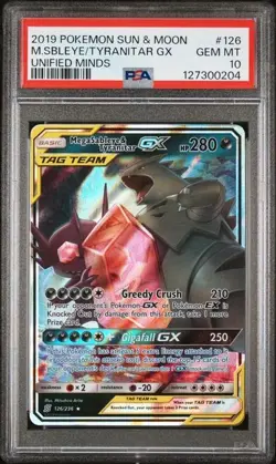 2019 POKEMON SUN & MOON UNIFIED MINDS M.SBLEYE/TYRANITAR GX#126 PSA 10 (A) - Image 1